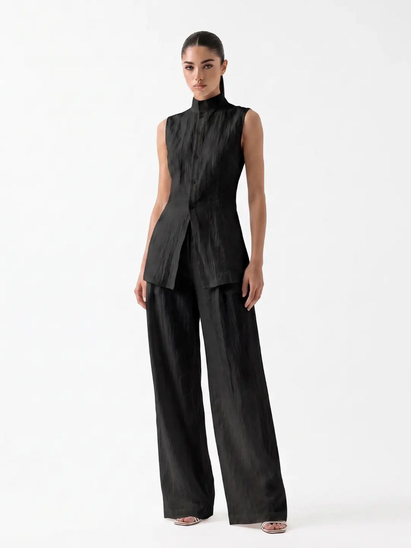 Grace Ensemble Pantalon Large en Lin pour Femme - Noir