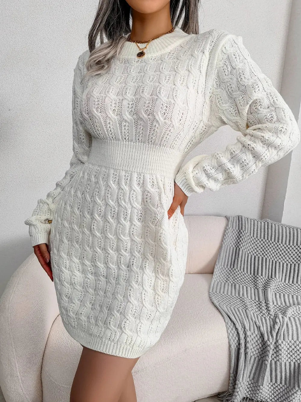 Briar Robe Mini en Maille Torsadée, Manches Longues pour Femme - Blanc