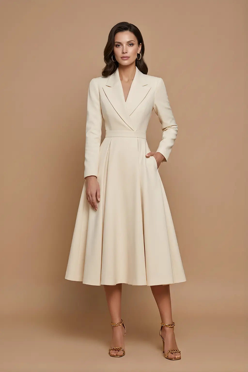 Fiorella Robe Midi Trapèze, Col Cranté, Jupe Plissée Ample pour Femme - Beige