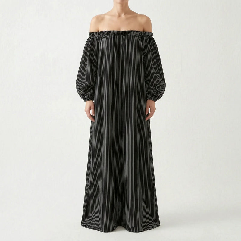 Verbena Robe Maxi Rayée, Épaules Dénudées pour Femme - Noir