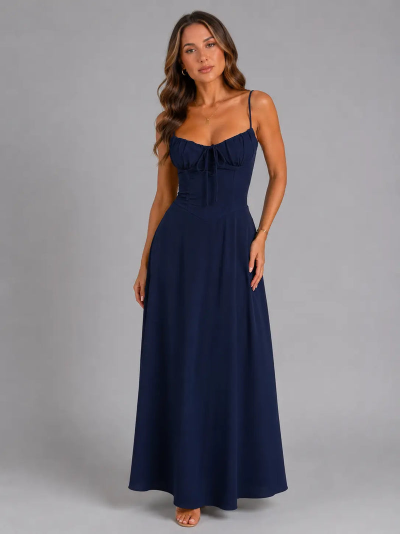 Cyrene Robe Maxi Fluide à Fines Bretelles, Silhouette Aérienne pour Femme - Bleu Marine