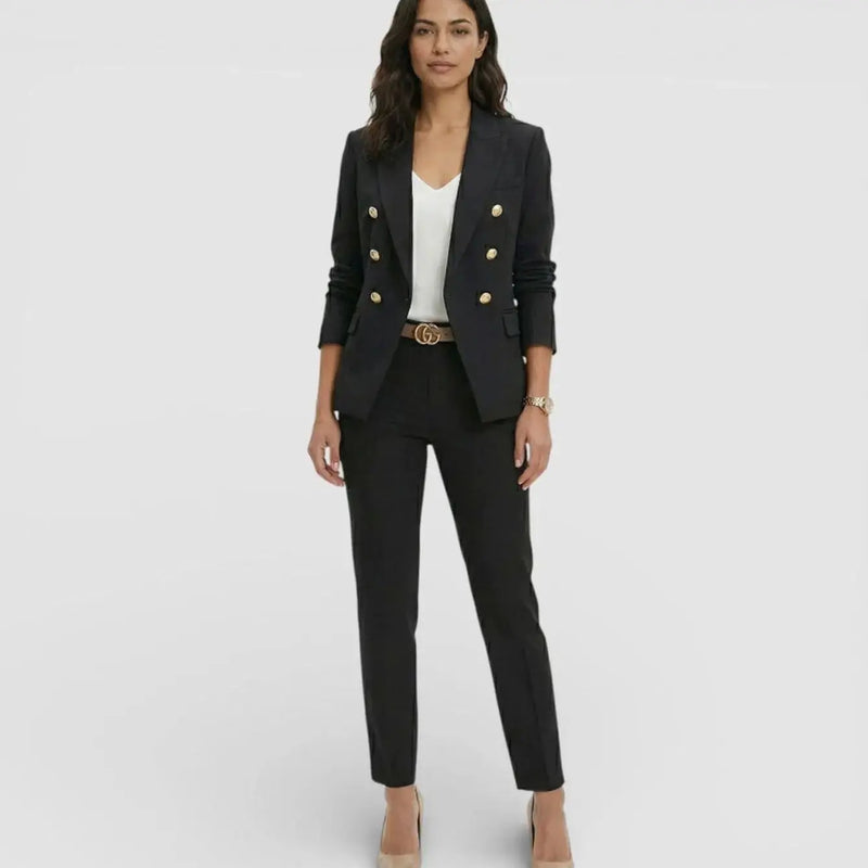 Sabine Tailleur Blazer Croisé à Boutons Dorés et Pantalon pour Femme - Noir