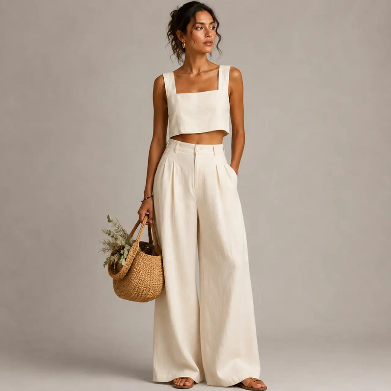 Bea Ensemble Deux Pièces Col Carré, Pantalon Palazzo pour Femme - Beige