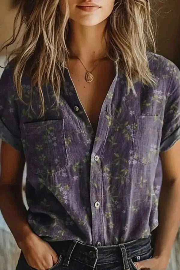 Rosalie Blouse Vintage Fleurie en Coton, Boutonnée Devant pour Femme - Multicolore