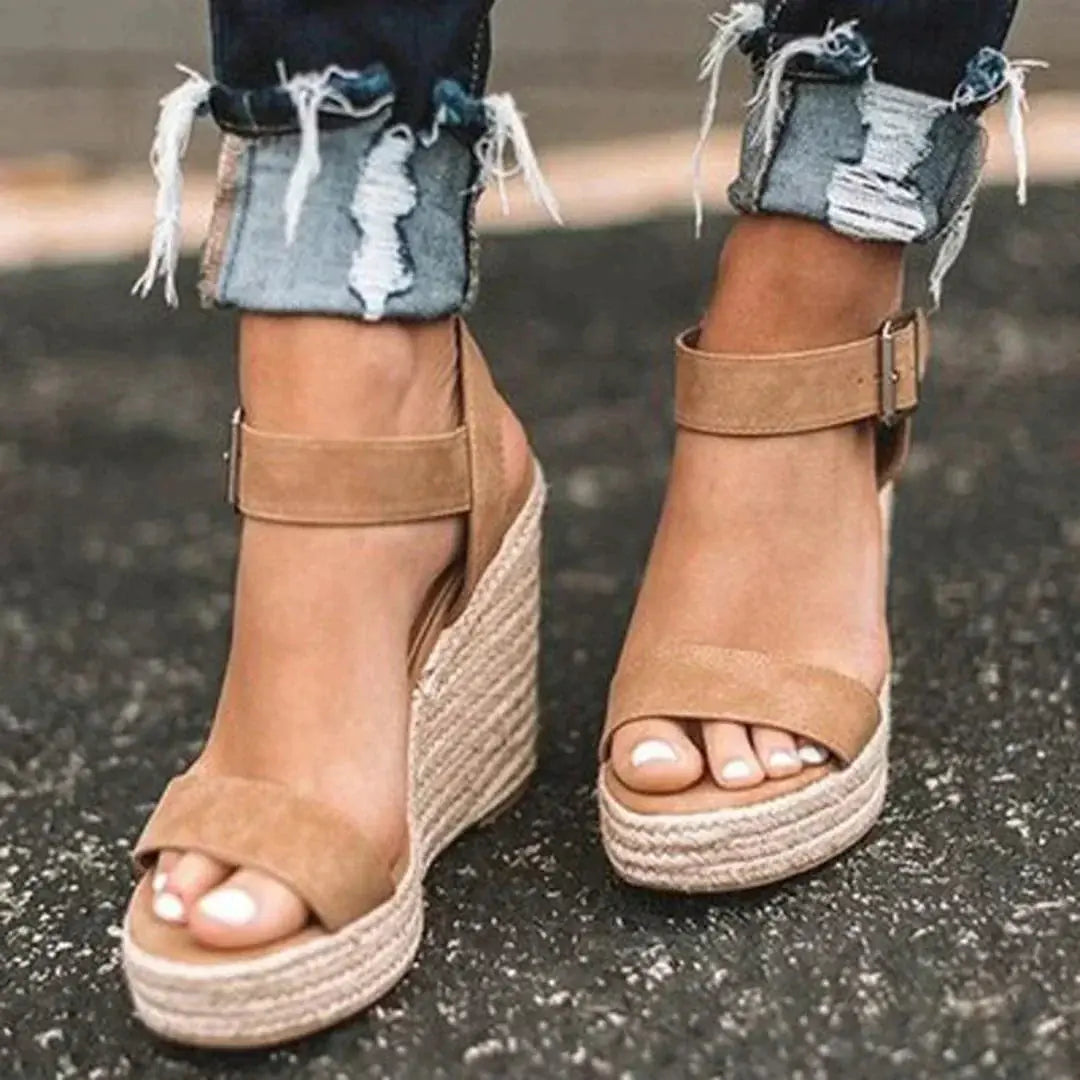 Ilaria Sandales Compensées, Bout Ouvert, Bride Cheville à Boucle, Talon Espadrille pour Femme - Marron