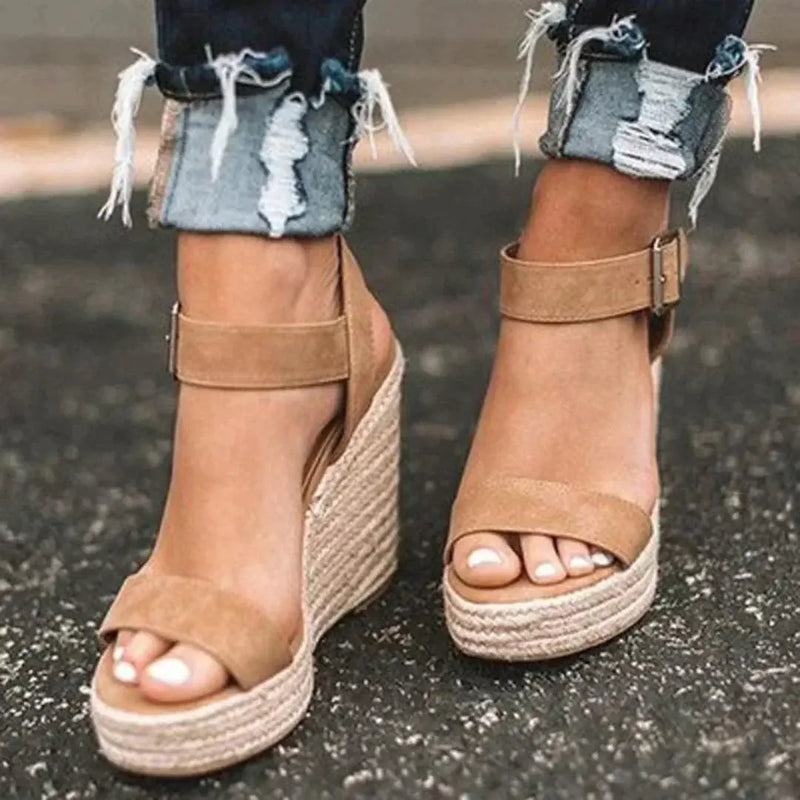 Ilaria Sandales Compensées, Bout Ouvert, Bride Cheville à Boucle, Talon Espadrille pour Femme - Marron