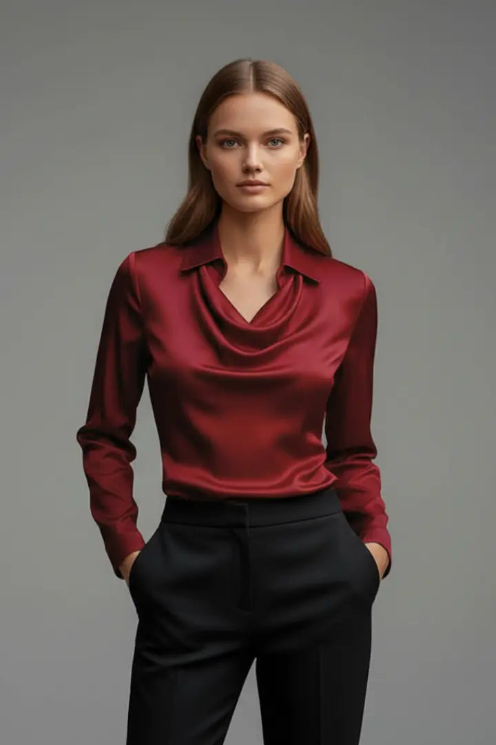 Calla Blouse en Satin, Col Drapé, Manches Longues pour Femme - Bordeaux