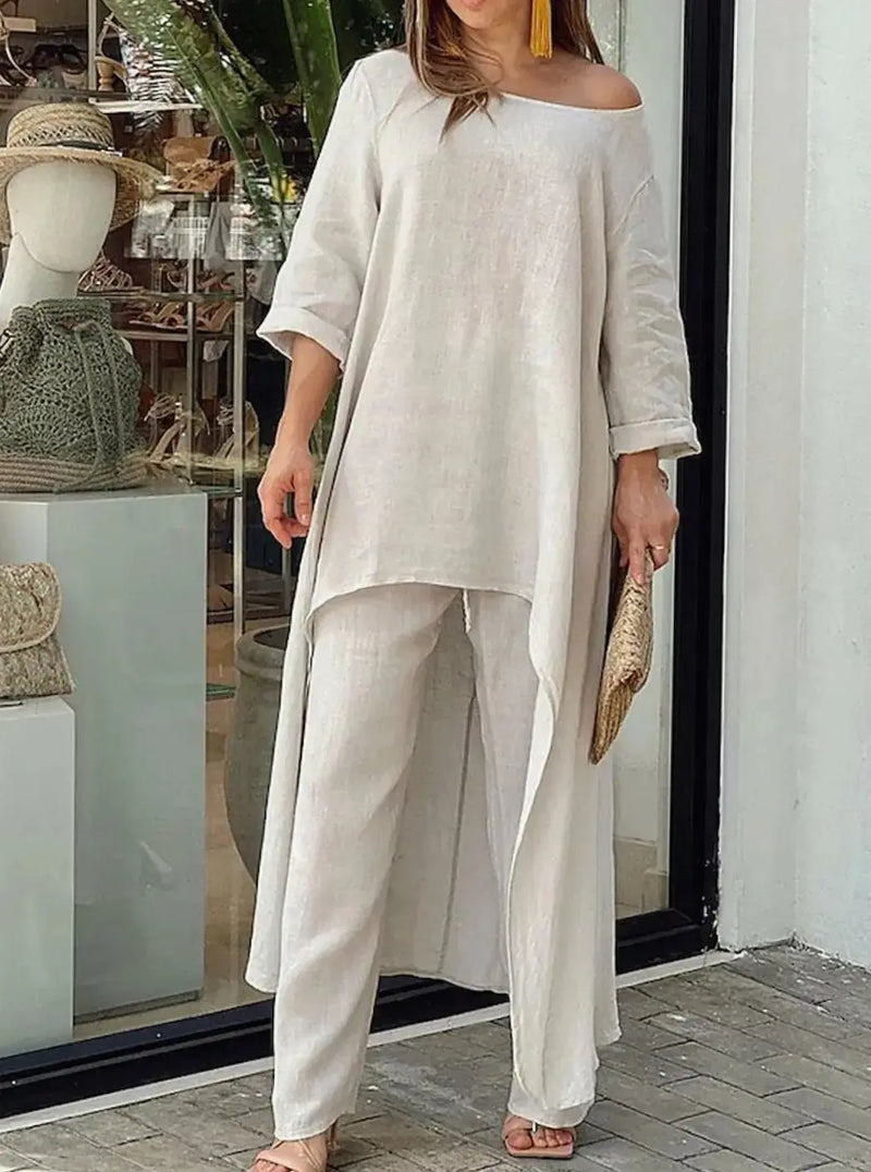 Rosamund Ensemble Deux Pièces Décontracté, Manches Longues, Ourlet Asymétrique pour Femme - Beige