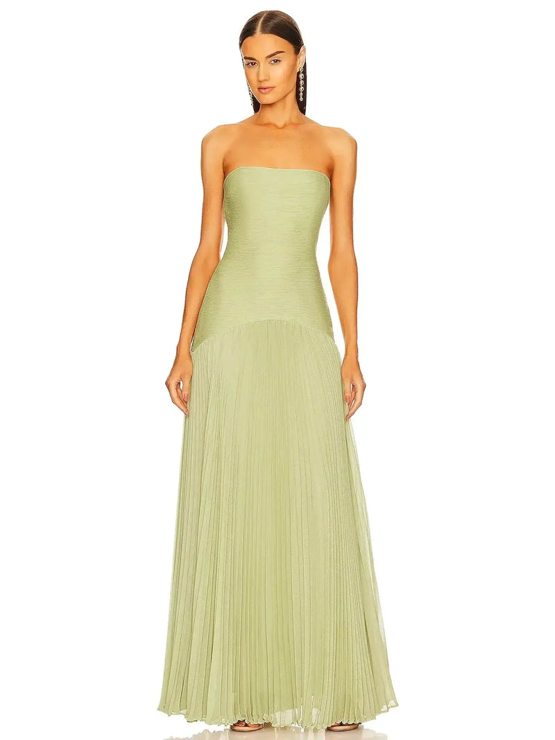 Ysolde Robe Maxi Bustier Ajusté, Jupe Plissée, Sans Bretelles pour Femme - Vert