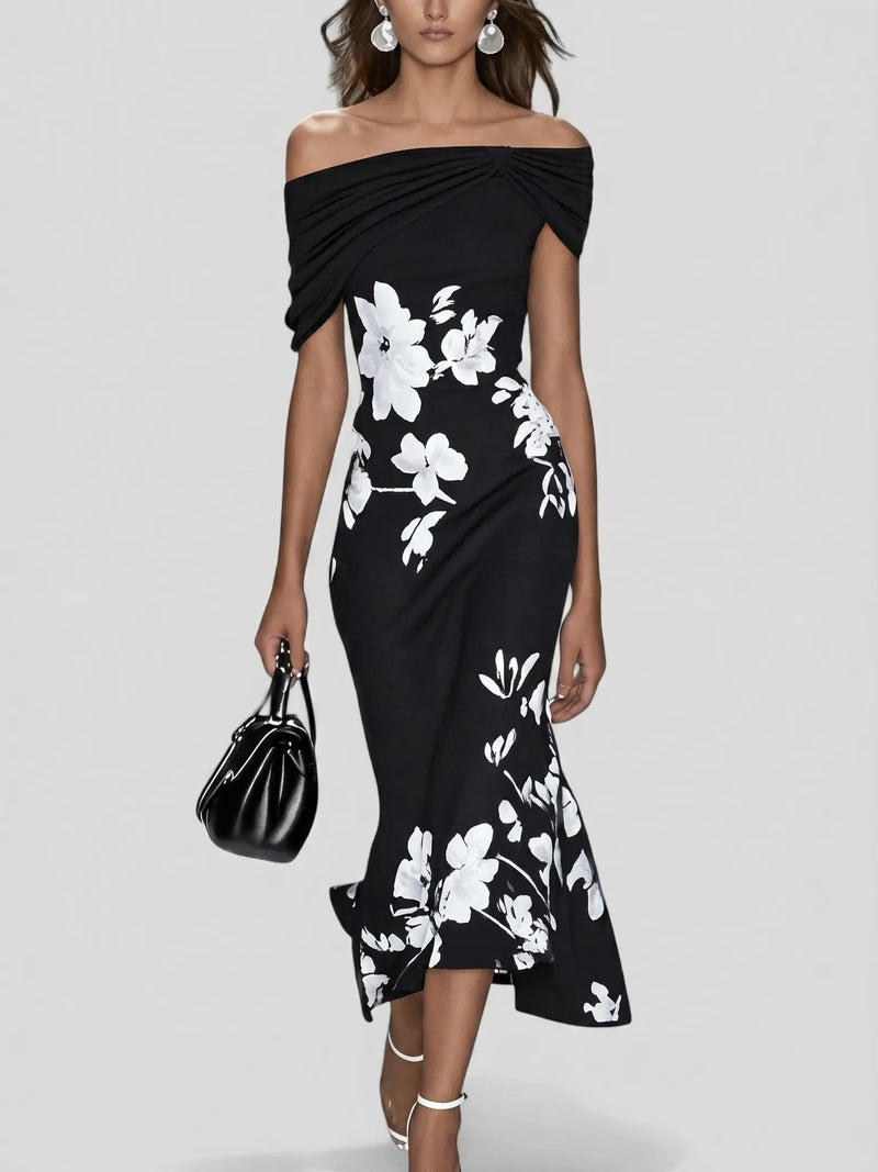 Talia Robe Midi Fleurie Élégante, Épaules Dénudées, Coupe Ajustée pour Femme - Noir