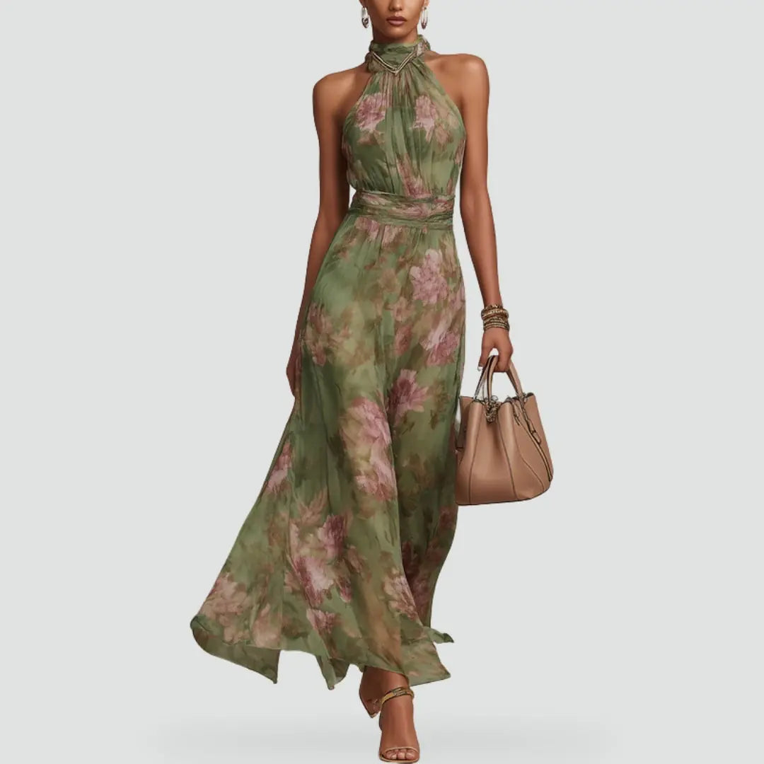 Solene Robe Maxi à Imprimé Fleuri, Idéale Invitée de Mariage pour Femme - Vert Sauge