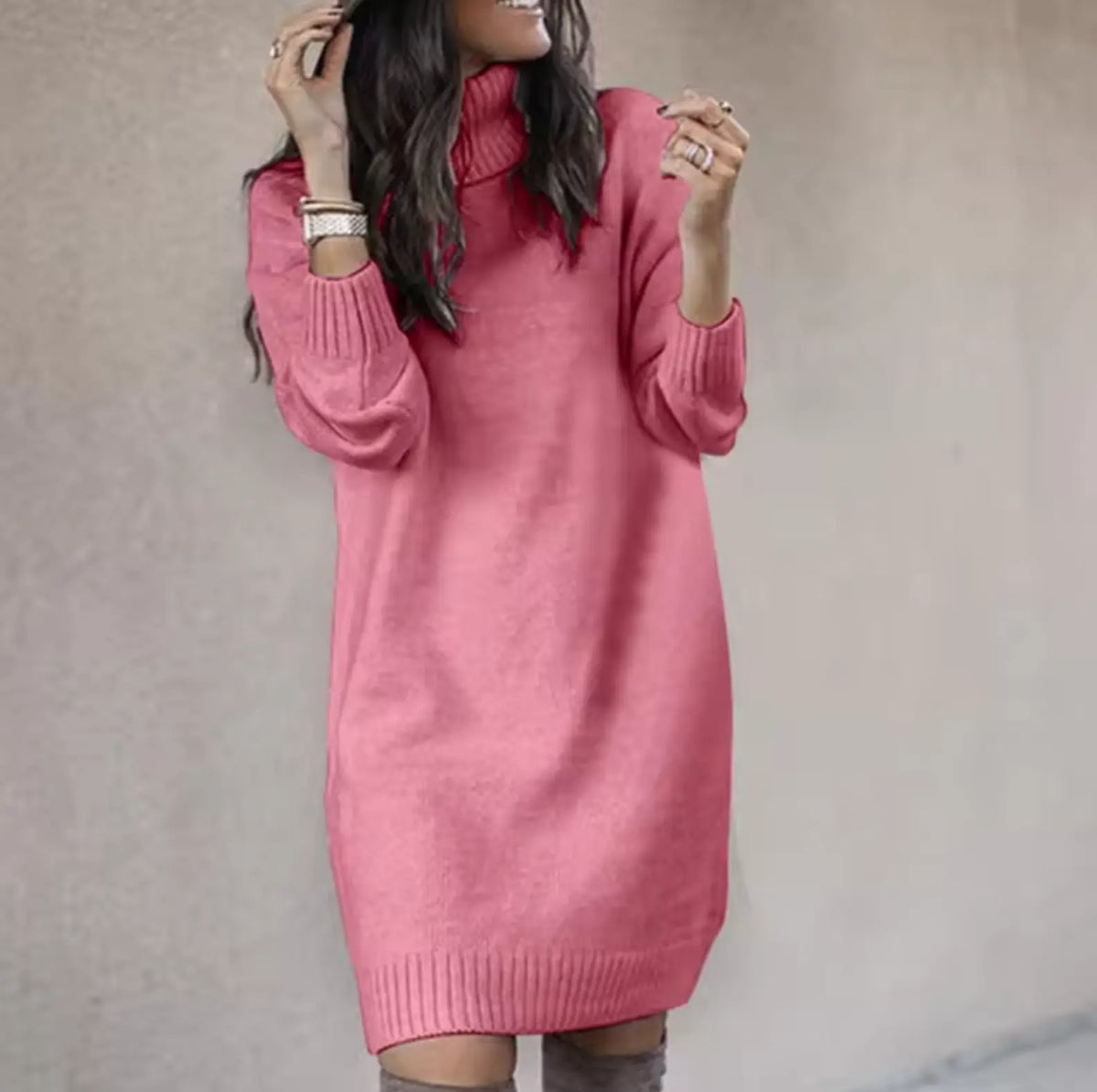 Isla Robe Pull Col Roulé, Douce et Élégante pour la Saison pour Femme - Rose
