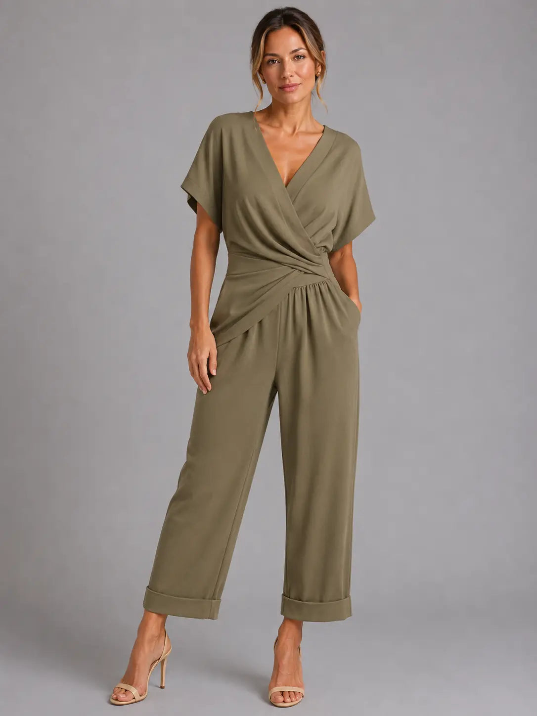 Corinne Ensemble Coordonné Cache-Cœur, Coupe Décontractée d'Été pour Femme - Kaki