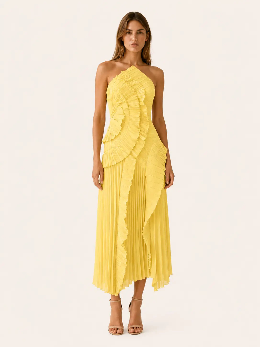 Noor Robe Maxi Col Halter, Volants Plissés, Ourlet Asymétrique, Style Fête, Rose pour Femme - Jaune