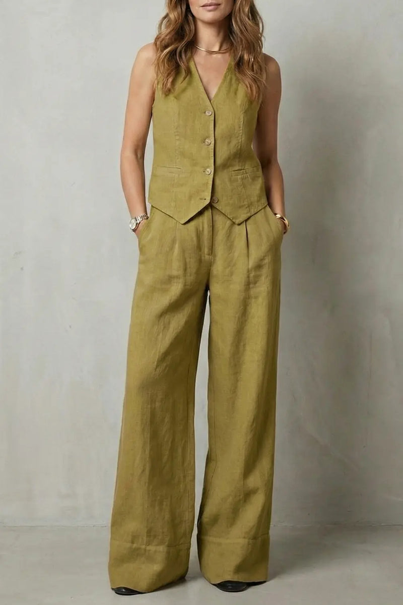 Fiora Ensemble Gilet et Pantalon Large, Col en V, Boutonné Devant, Coupe Ajustée pour Femme - Olive