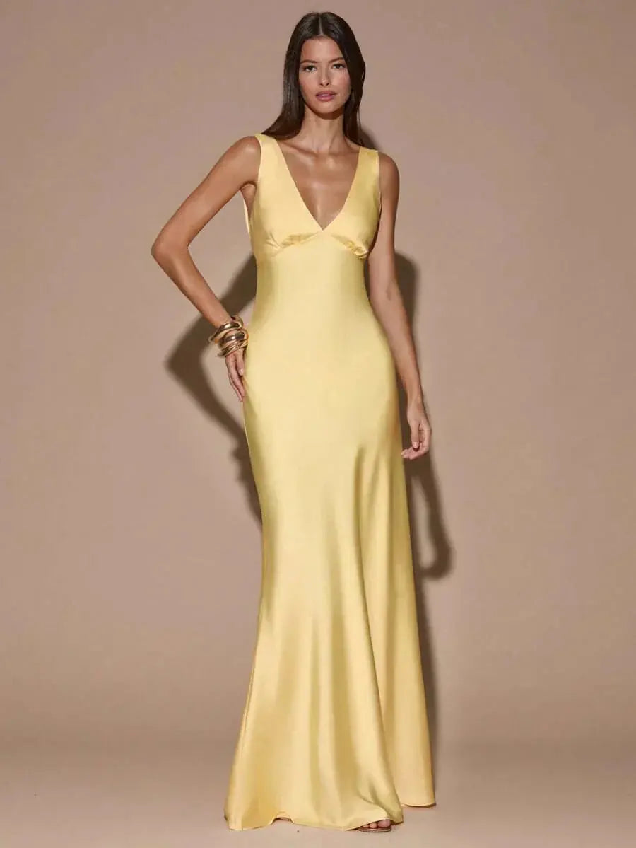 Odessa Robe de Soirée Maxi Col en V, Dos Nu pour Femme - Jaune Clair