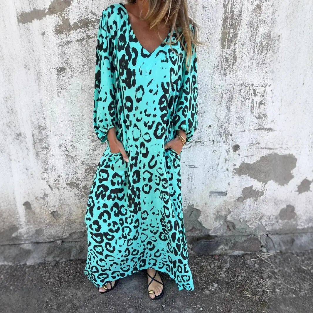 Veldris Robe Midi à Imprimé Léopard pour Femme - Bleu Clair
