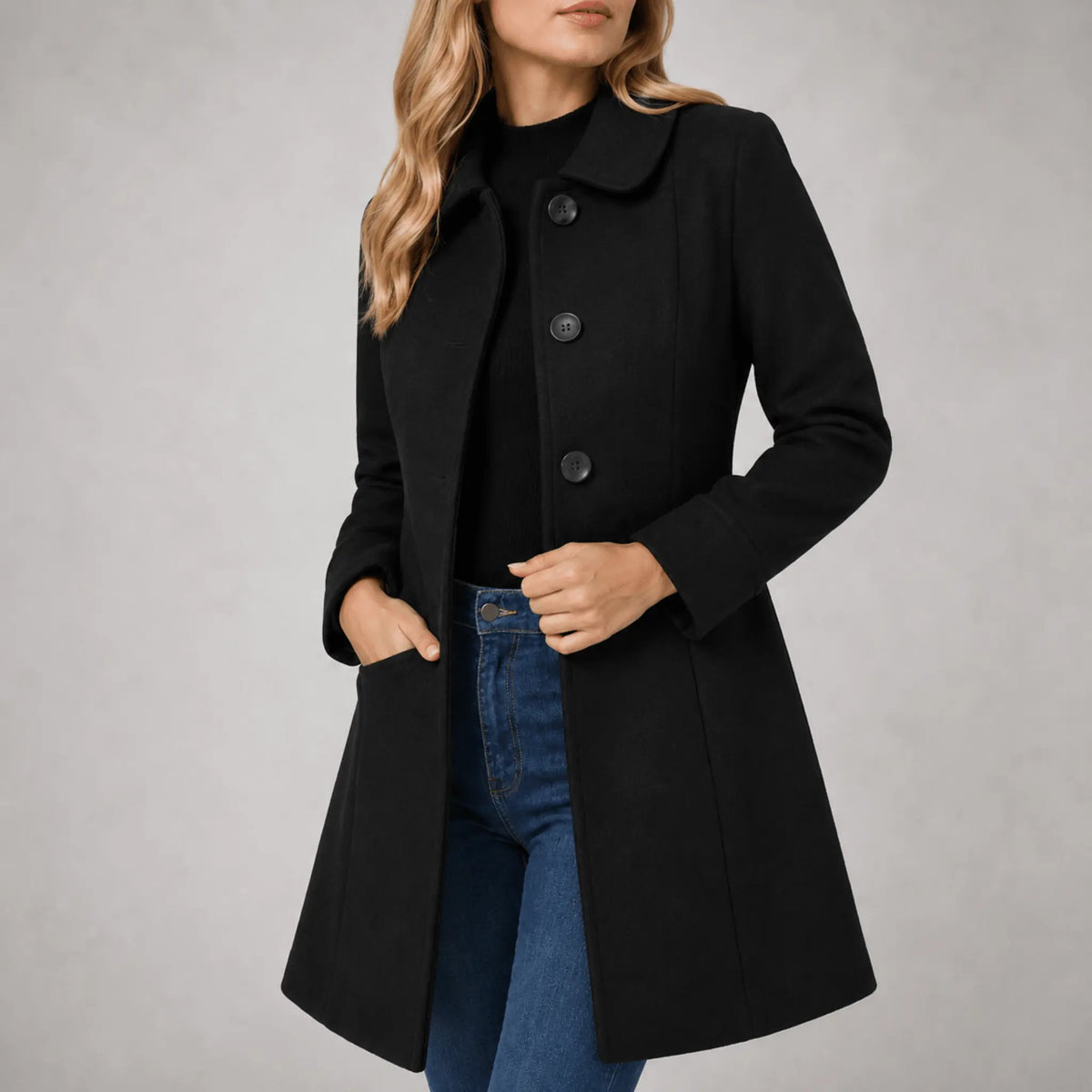 Serelle Manteau Mi-Long Cintré, Croisé Simple, Coupe Ajustée pour Femme - Noir