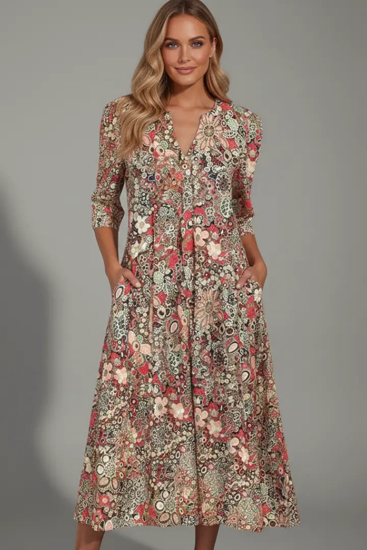 Maren Robe Midi Col en V, Manches Trois-Quarts, Imprimé Intégral pour Femme - Rouge