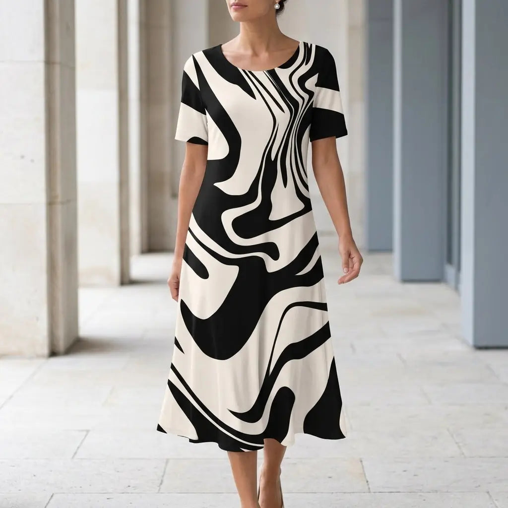 Marisol Robe Midi Imprimé Abstrait, Manches Courtes, Col Rond, Coupe Trapèze Décontractée pour Femme - Blanc