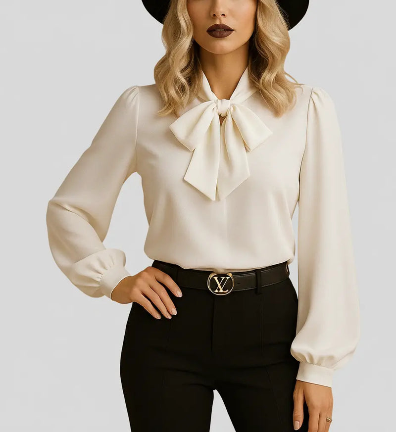 Verona Blouse à Col Noué, Manches Longues pour Femme - Blanc