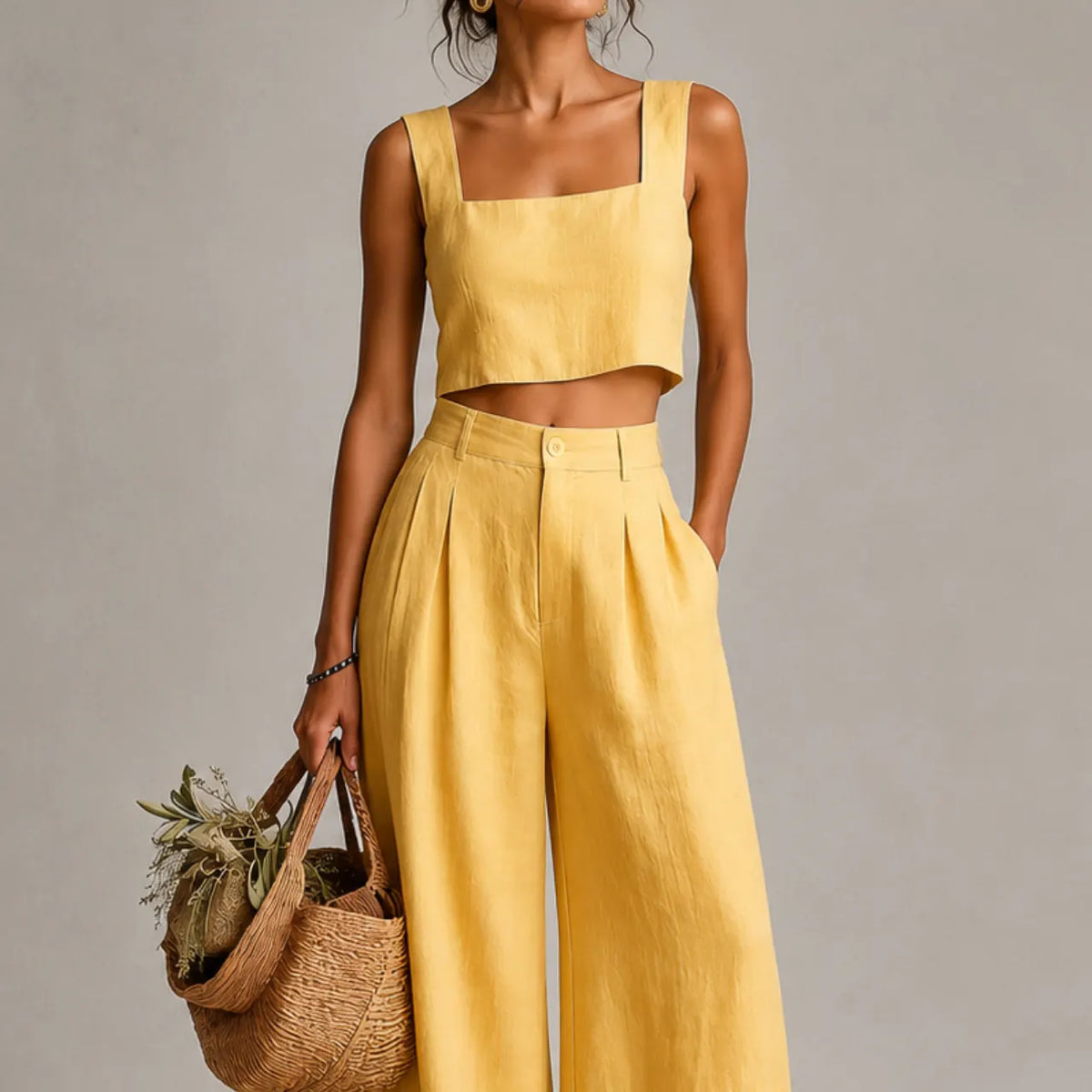Bea Ensemble Deux Pièces Col Carré, Pantalon Palazzo pour Femme - Jaune
