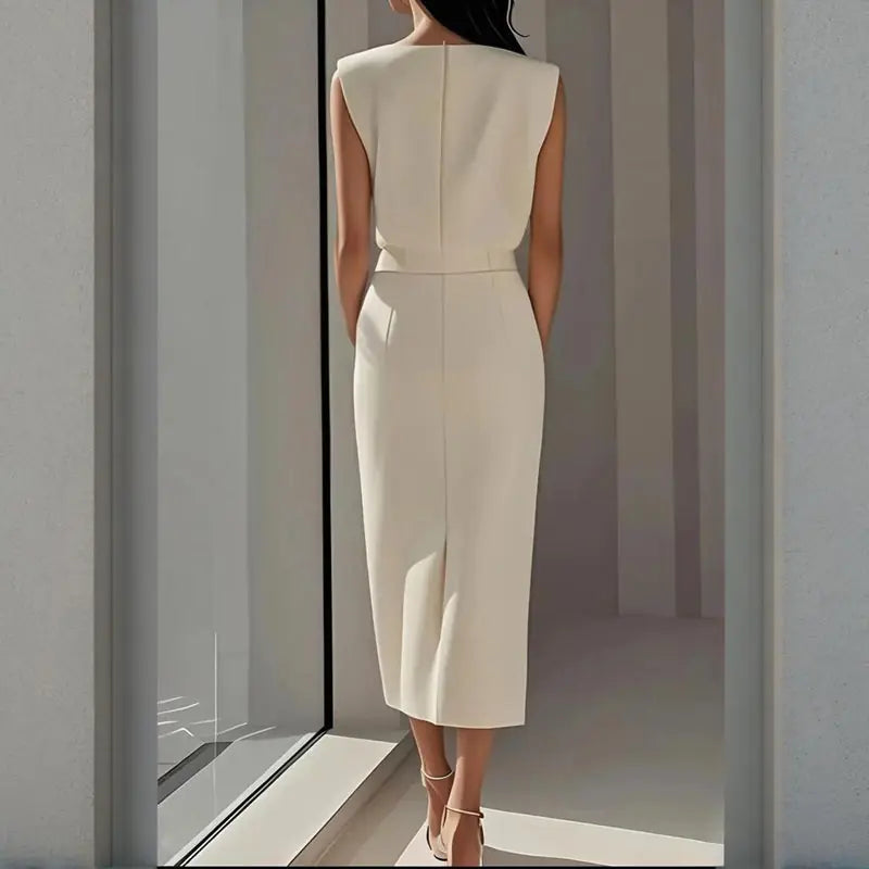 Structa Robe Midi Structurée, Boutons Latéraux et Fente à l'Ourlet pour Femme - Blanc