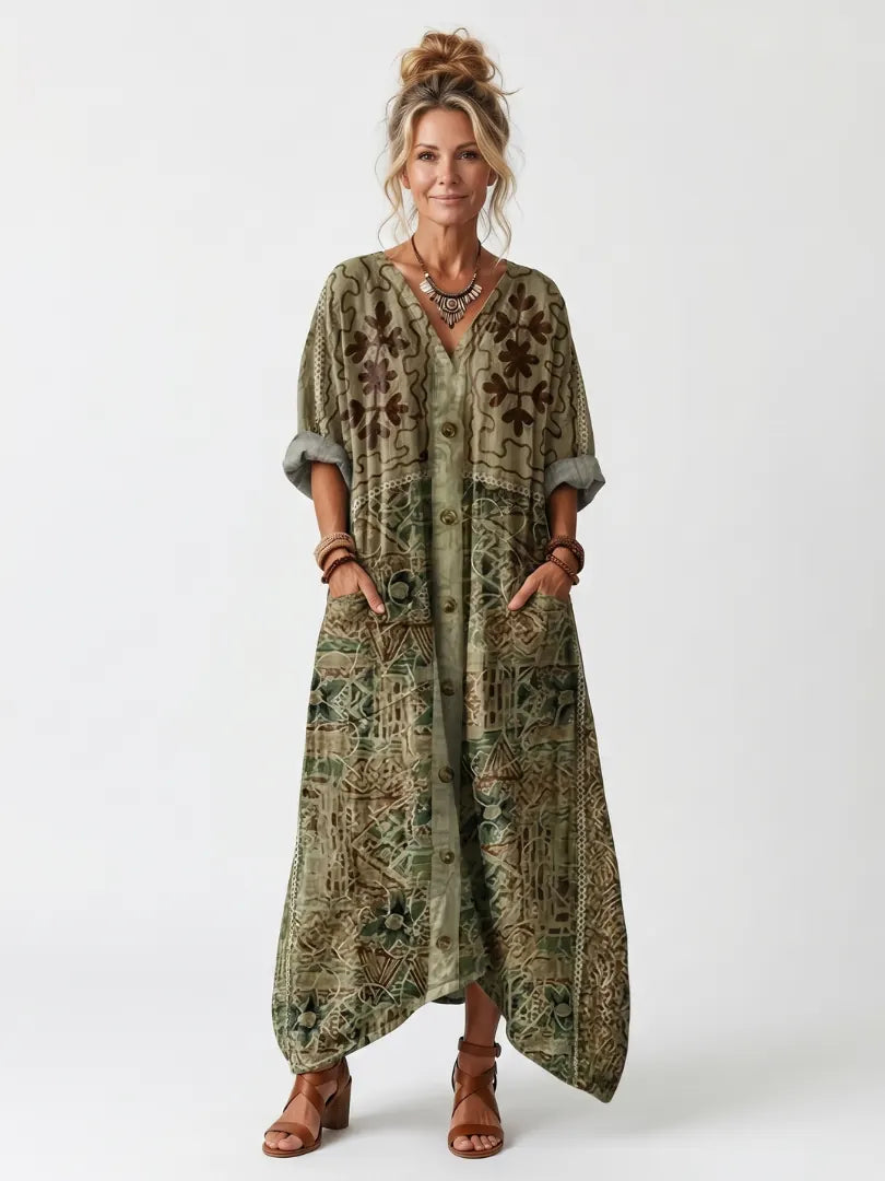 Elodine Robe Midi Bohème Brodée à Poches, Coupe Décontractée, Vert pour Femme - Vert