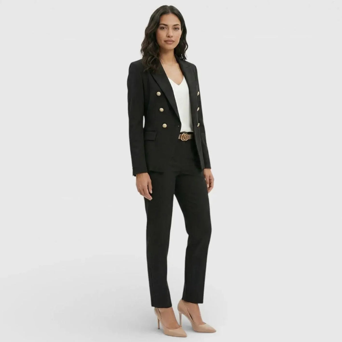 Sabine Tailleur Blazer Croisé à Boutons Dorés et Pantalon pour Femme - Noir