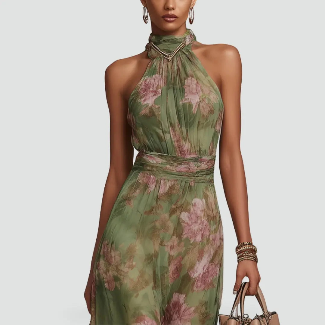 Solene Robe Maxi à Imprimé Fleuri, Idéale Invitée de Mariage pour Femme - Vert Sauge