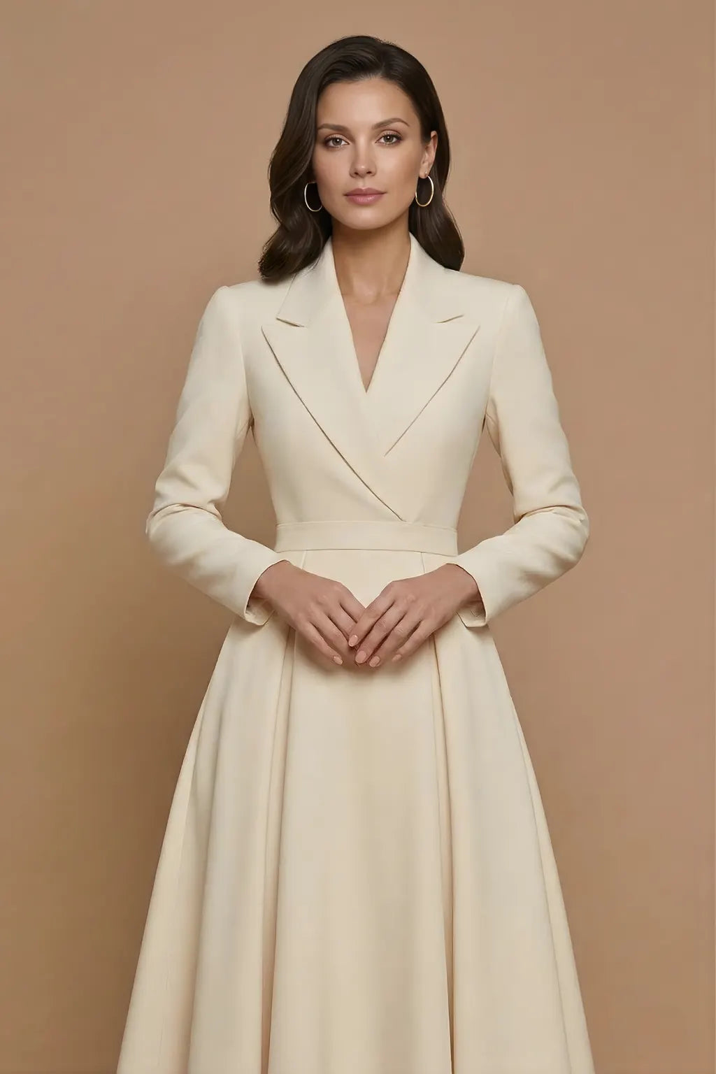 Fiorella Robe Midi Trapèze, Col Cranté, Jupe Plissée Ample pour Femme - Beige