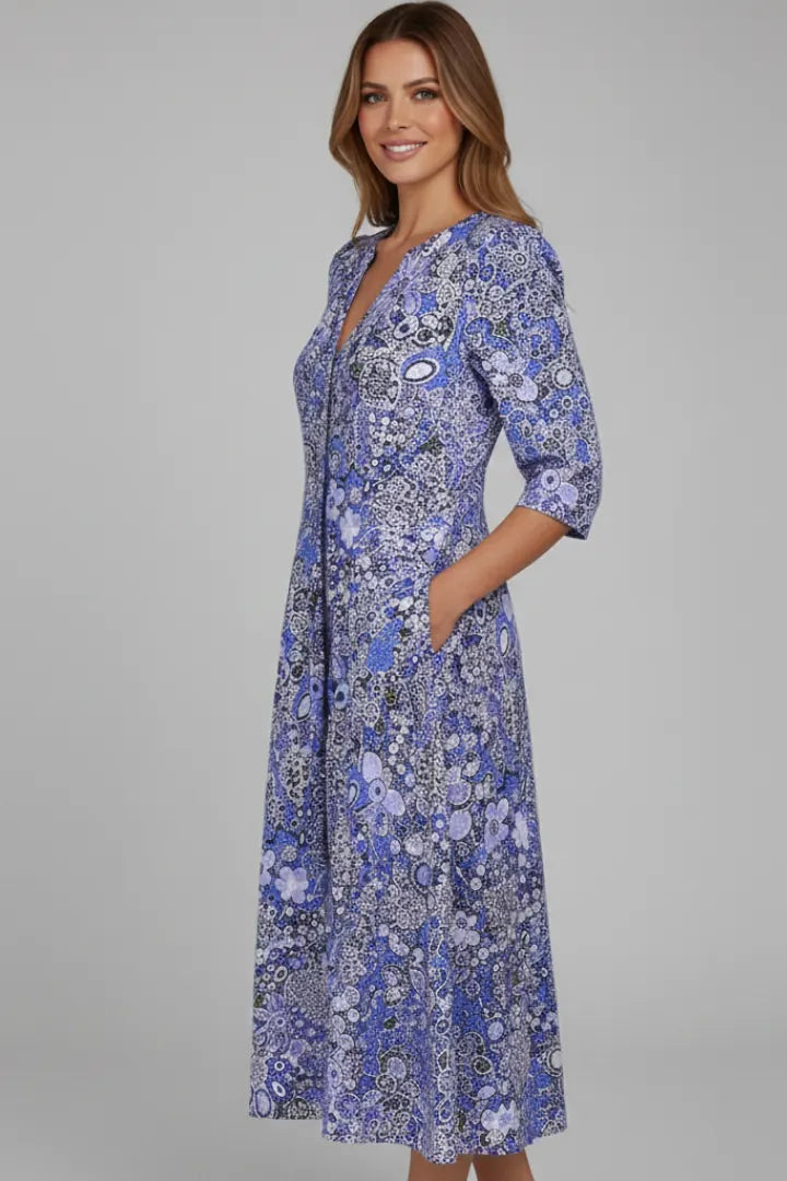 Maren Robe Midi Col en V, Manches Trois-Quarts, Imprimé Intégral pour Femme - Bleu