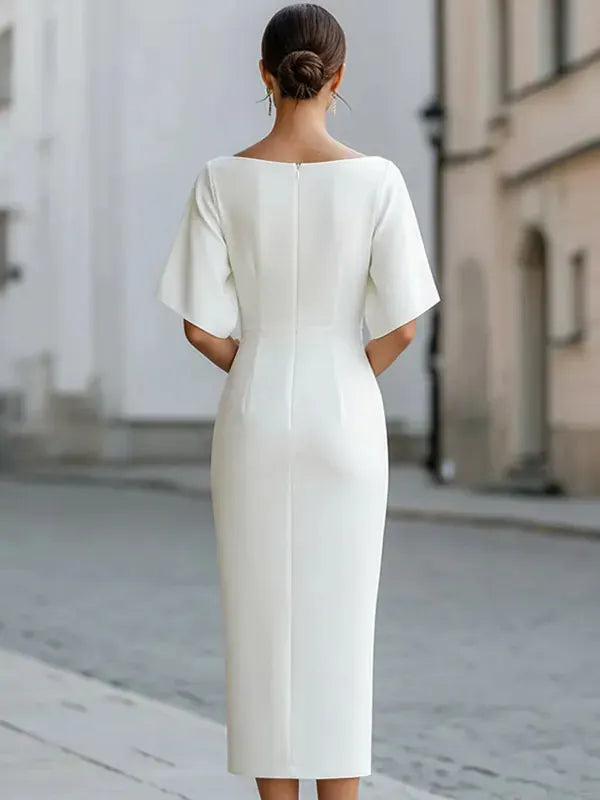 Ambretta Robe Midi Ajustée, Col Bateau, Manches à Volants pour Femme - Blanc