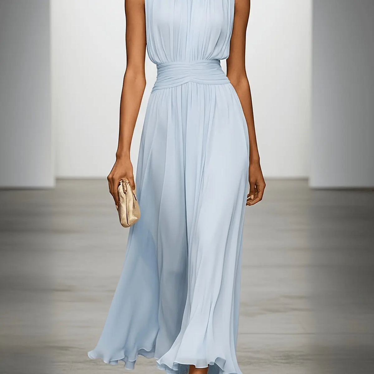 Arabella Robe Maxi Plissée Invitée de Mariage, Taille Froncée pour Femme - Bleu Clair