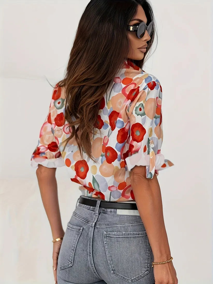 Clara Blouse Fleurie Boutonnée, Manches Longues pour Femme - Multicolore