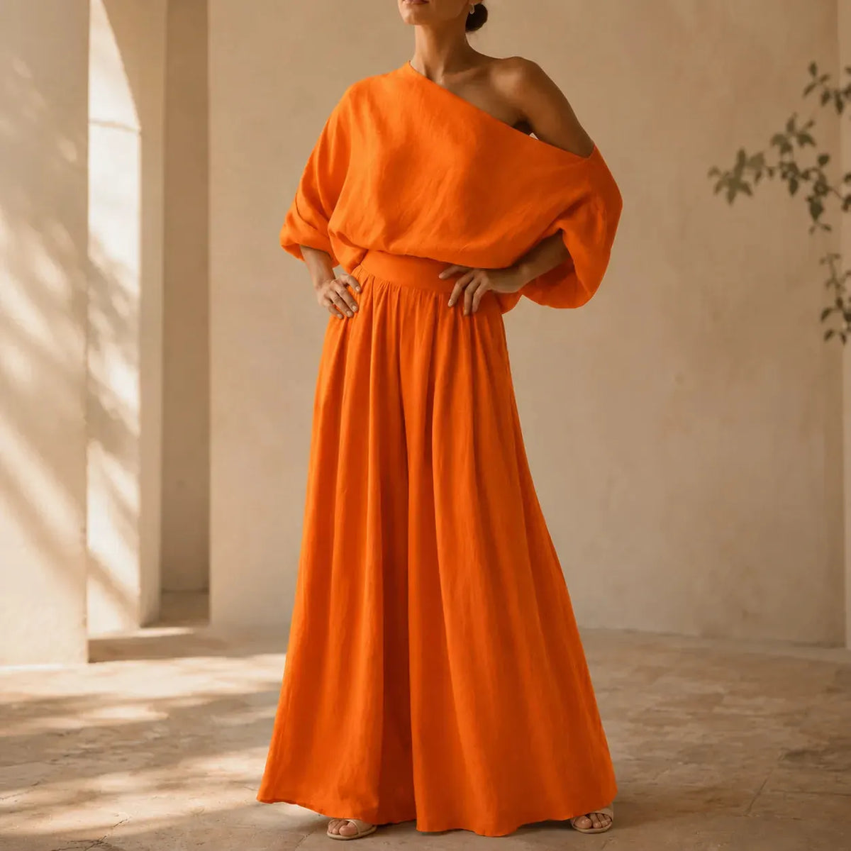 Solendra Ensemble Coordonné Haut Asymétrique et Pantalon Large Fluide pour Femme - Orange Vif