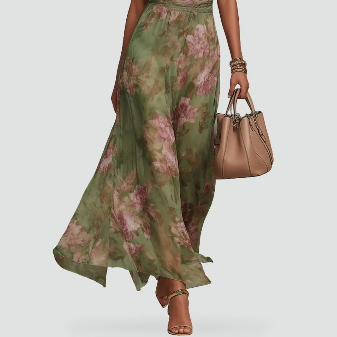 Solene Robe Maxi à Imprimé Fleuri, Idéale Invitée de Mariage pour Femme - Vert Sauge