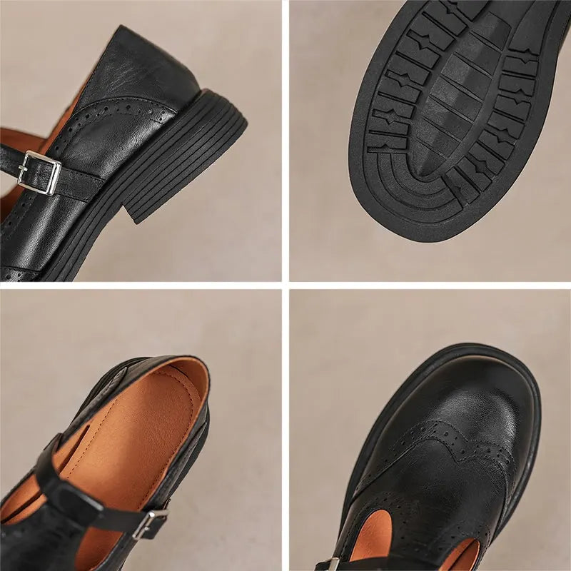 Maribeth Chaussures Mary Jane à Bride, Détails Brogue et Talon Carré pour Femme - Noir