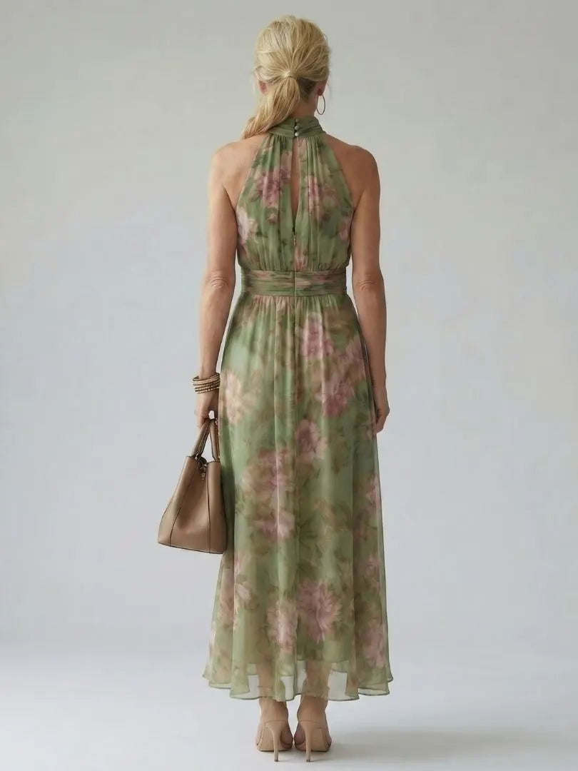Taliesin Robe Midi Col Halter Fleurie, Style Garden Party d'Été pour Femme - Vert Sauge
