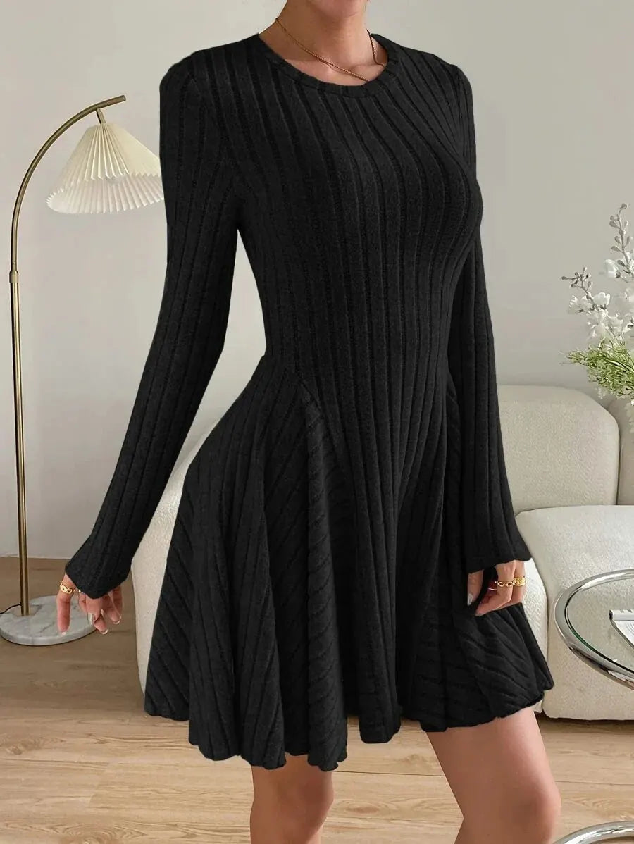 Salome Robe Mini Col Rond, Manches Longues, Détail Côtelé, Style Dîner pour Femme - Noir