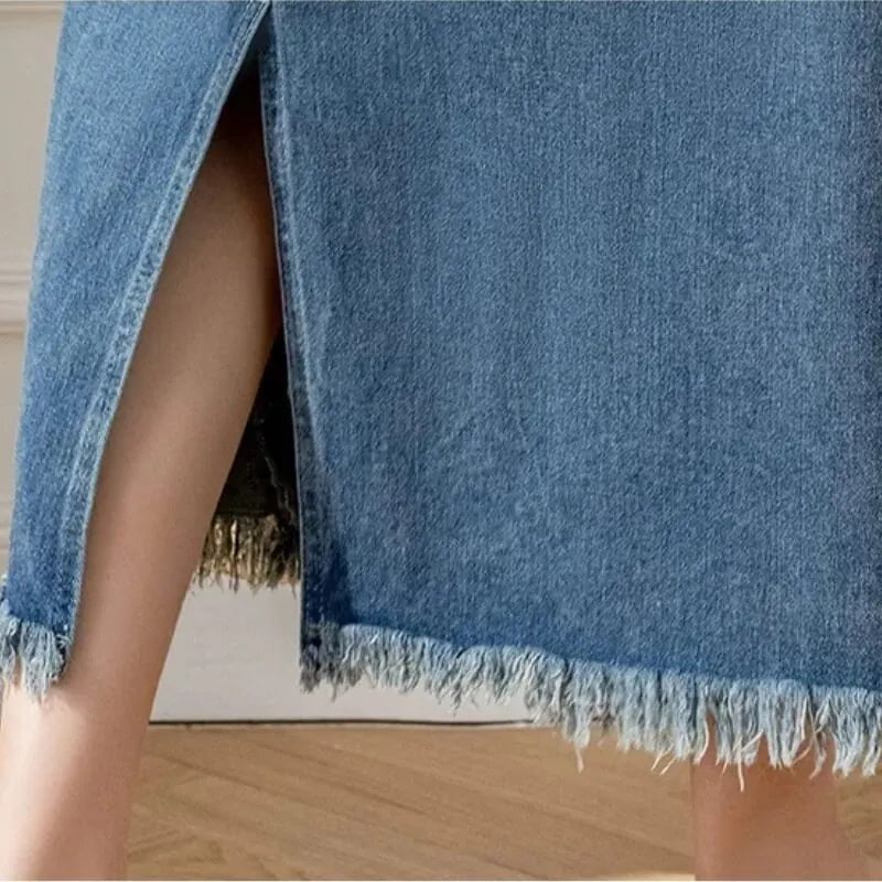 Giulia Jupe Midi Trapèze en Denim pour Femme - Bleu