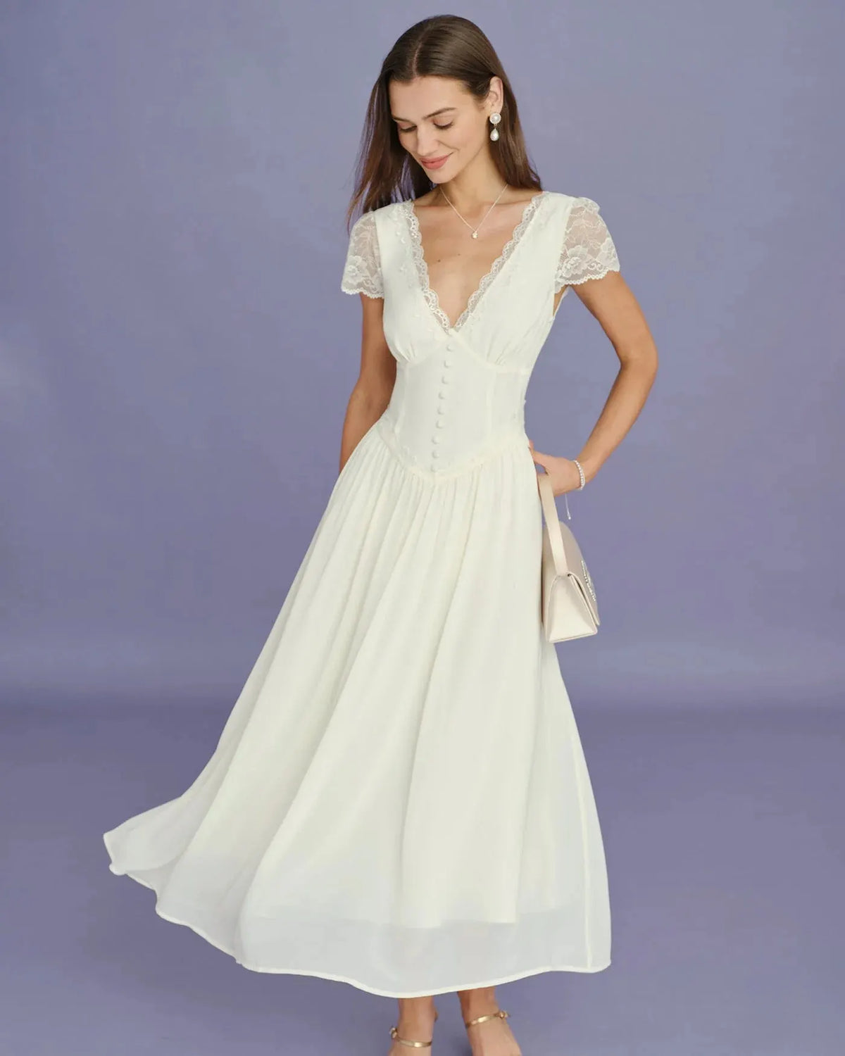 Ariadne Robe Midi en Dentelle à Manches pour Femme - Ivoire