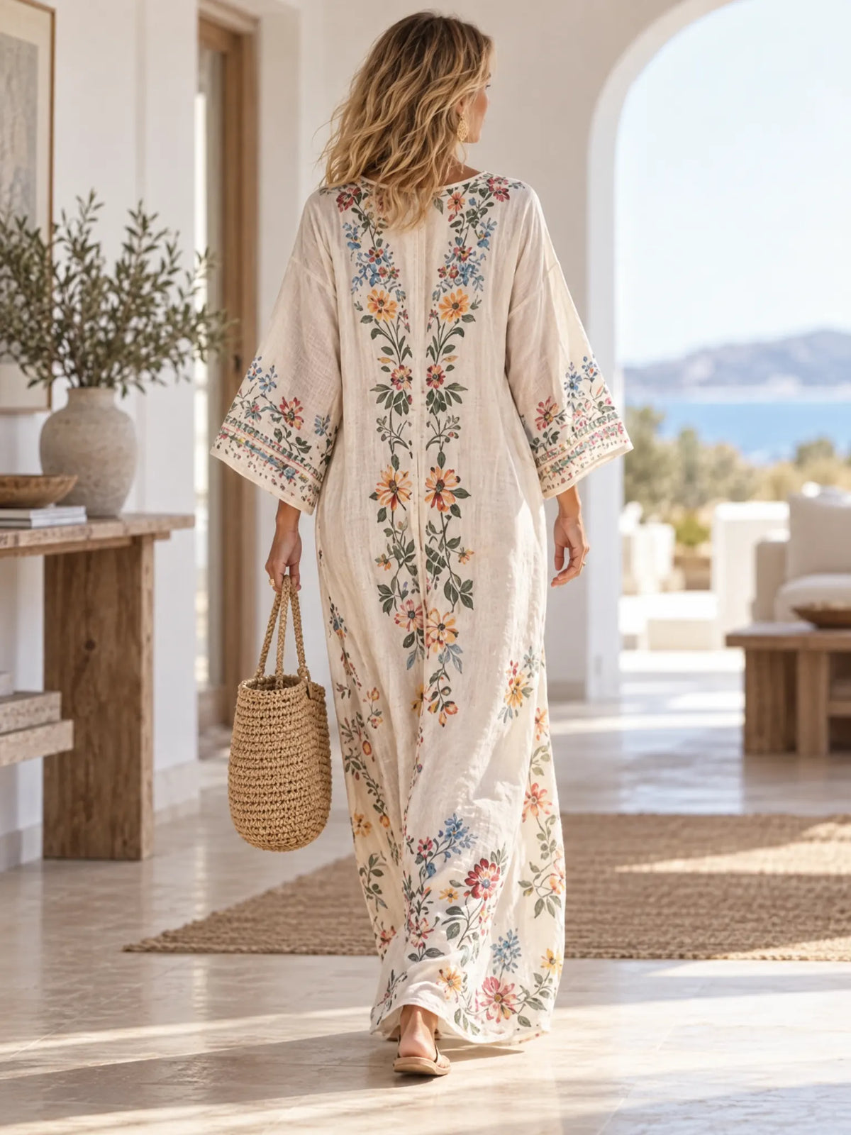 Arden Robe Kaftan à Imprimé Fleuri, Col en V pour Femme - Beige