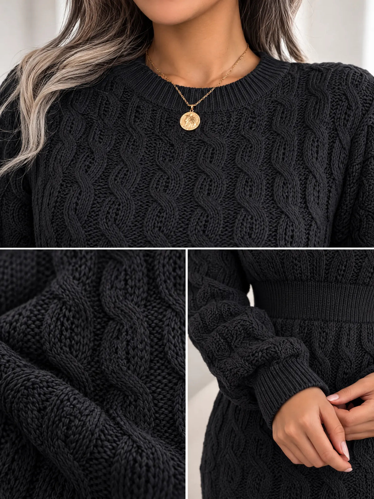 Briar Robe Mini en Maille Torsadée, Manches Longues pour Femme - Noir