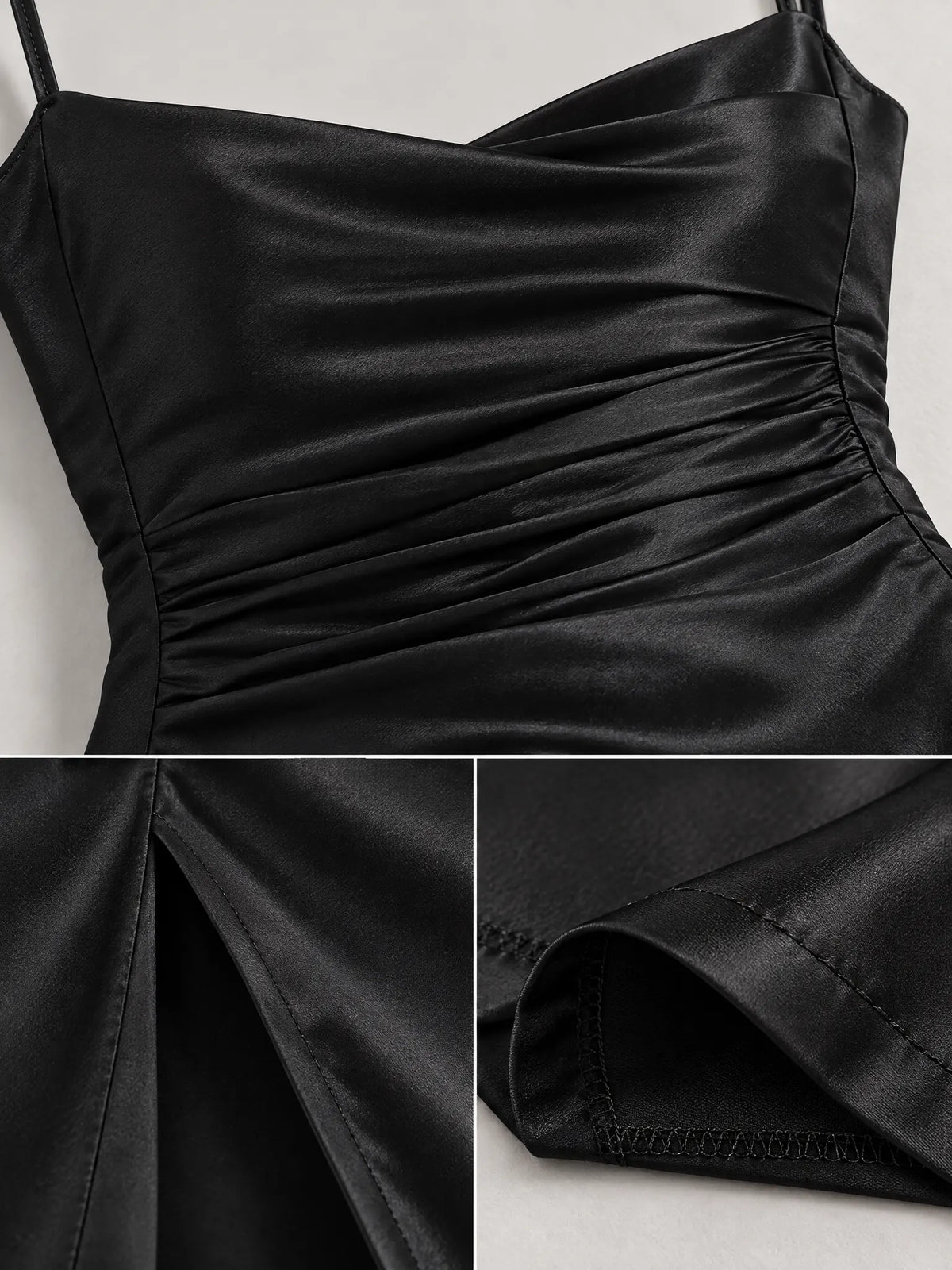 Calantha Robe de Soirée Maxi en Satin, Drapée, Fente pour Femme - Noir
