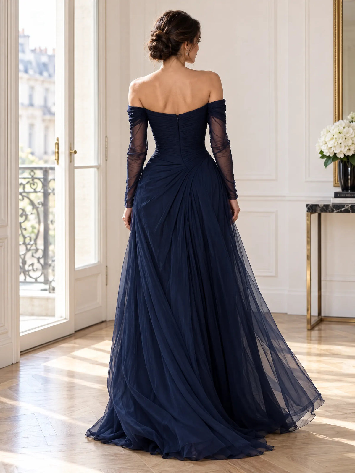 Ivette Robe de Soirée Maxi en Mousseline, Épaules Dénudées, Manches Longues, Décolleté Cœur pour Femme - Bleu Foncé