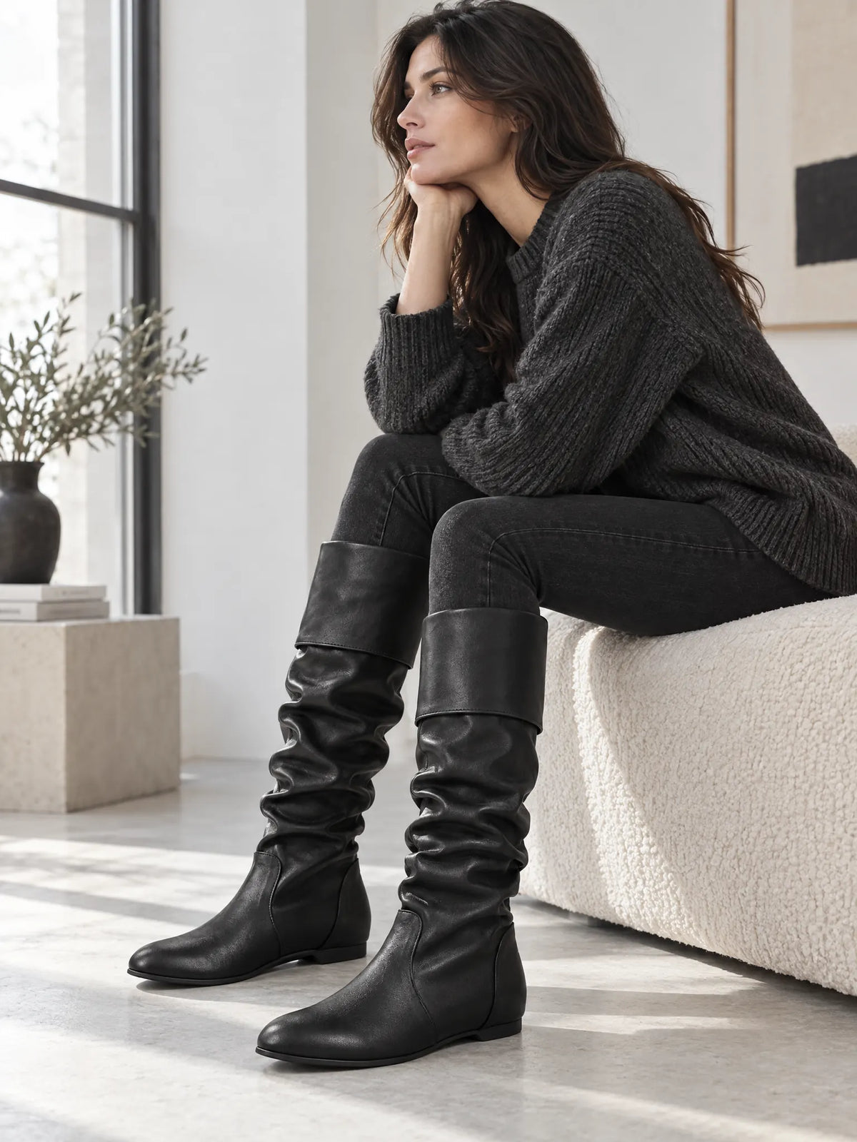 Roussel Bottes Montantes Souples, Tige Froncée, Talon Plat pour Femme - Noir
