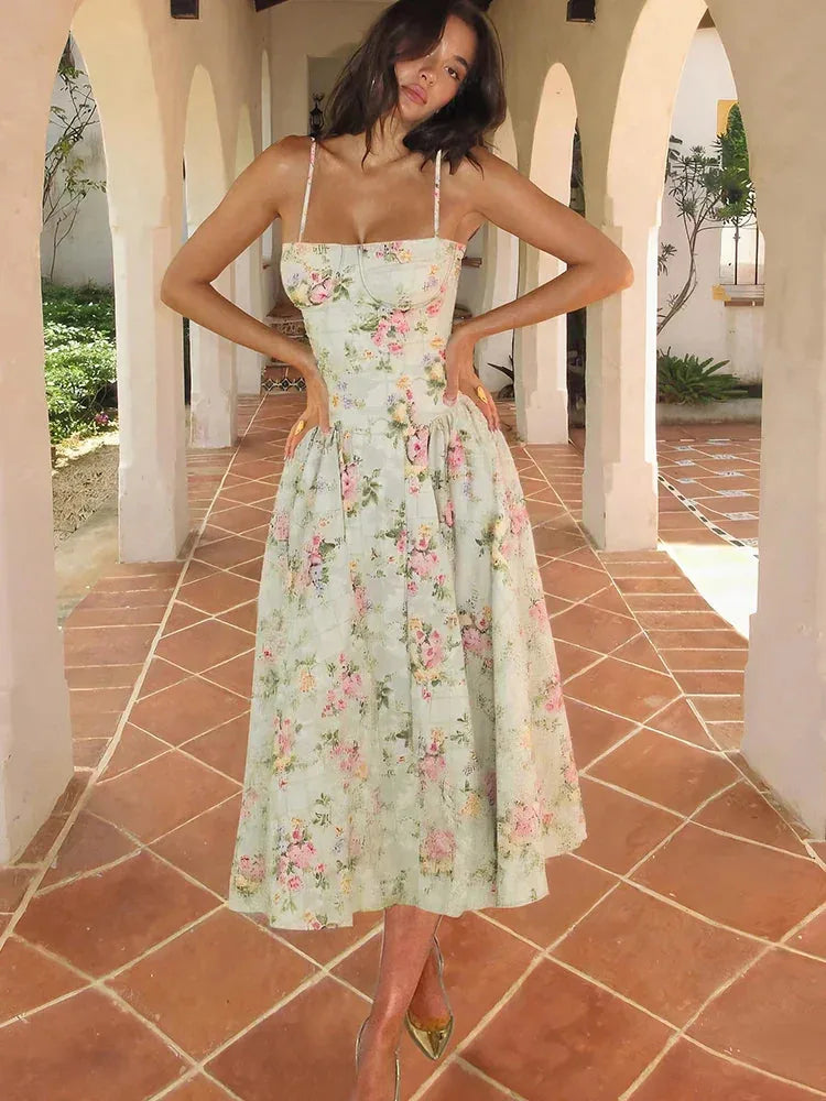 Amelia Robe Midi Corset Fleurie à Bretelles, Invitée de Mariage pour Femme - Vert | Tenelle