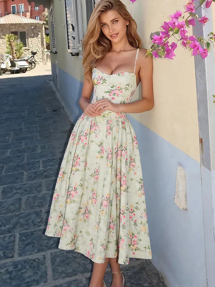 Amelia Robe Midi Corset Fleurie à Bretelles, Invitée de Mariage pour Femme - Vert | Tenelle