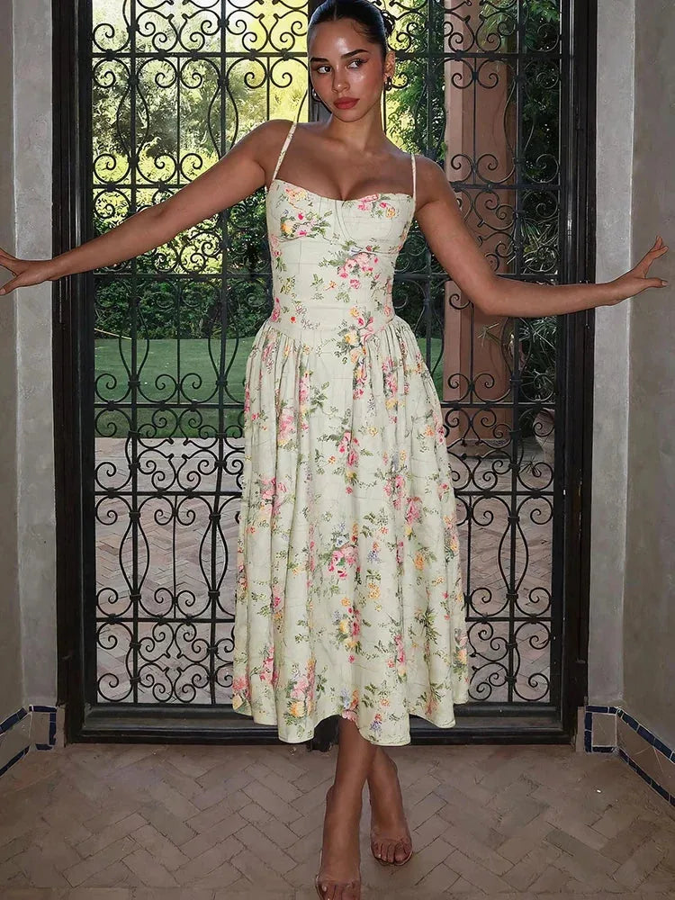 Amelia Robe Midi Corset Fleurie à Bretelles, Invitée de Mariage pour Femme - Vert | Tenelle